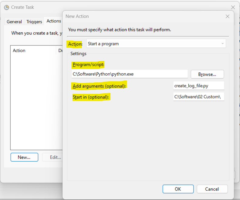 New Action - Setting up the Python script you want to automate.