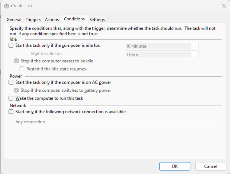 Conditions Tab - Power settings for newly created tasks.