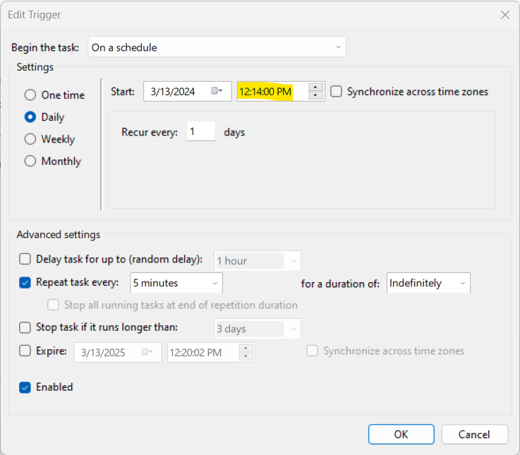 Triggering the Task by manually adjusting the Start time.