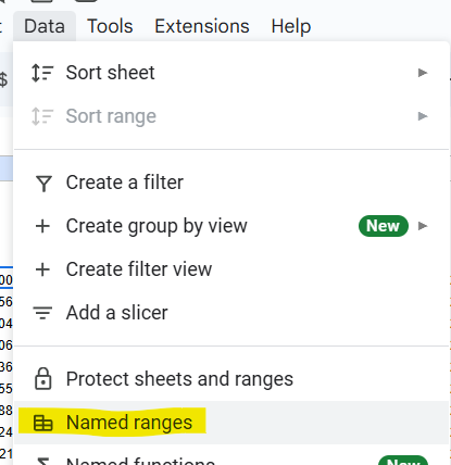 Figure 10: Named Ranges in the Data menu in Google Sheets.