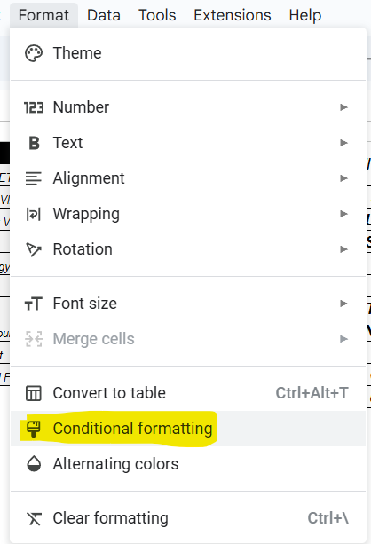 Figure 15: Conditional Formatting in the top menu, Google Sheets.